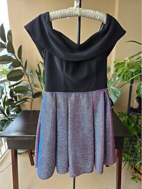 Betsy & Adam Off Shoulder Fit Flare Dress Size 10 Black Metallic Glitter Party